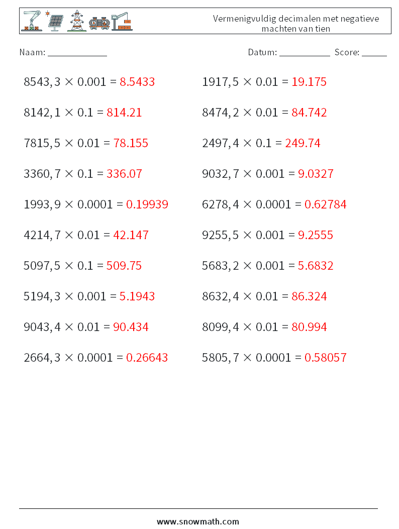 Vermenigvuldig decimalen met negatieve machten van tien Wiskundige werkbladen 17 Vraag, Antwoord