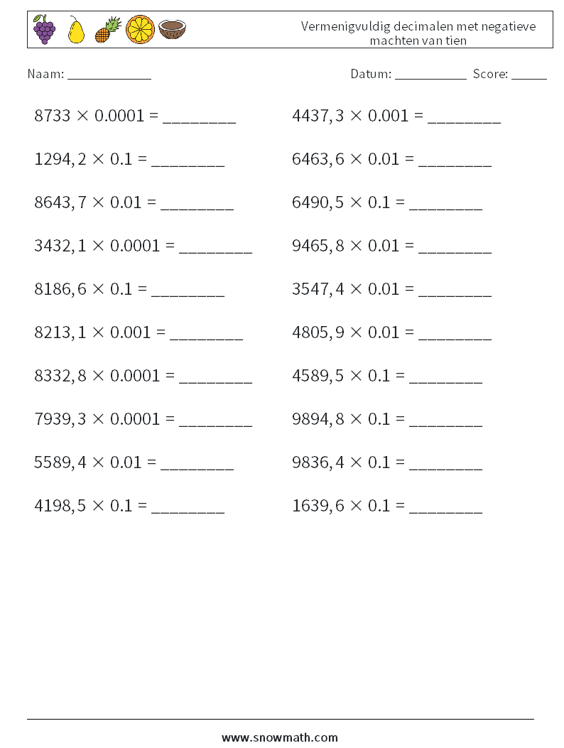 Vermenigvuldig decimalen met negatieve machten van tien Wiskundige werkbladen 18