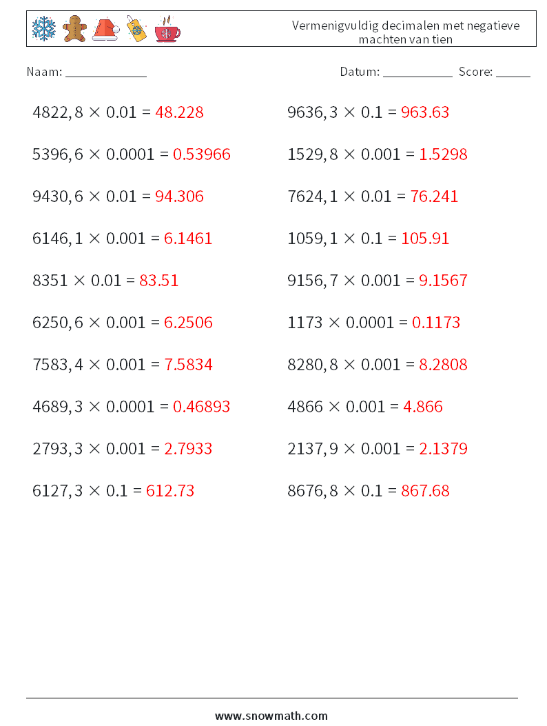 Vermenigvuldig decimalen met negatieve machten van tien Wiskundige werkbladen 1 Vraag, Antwoord