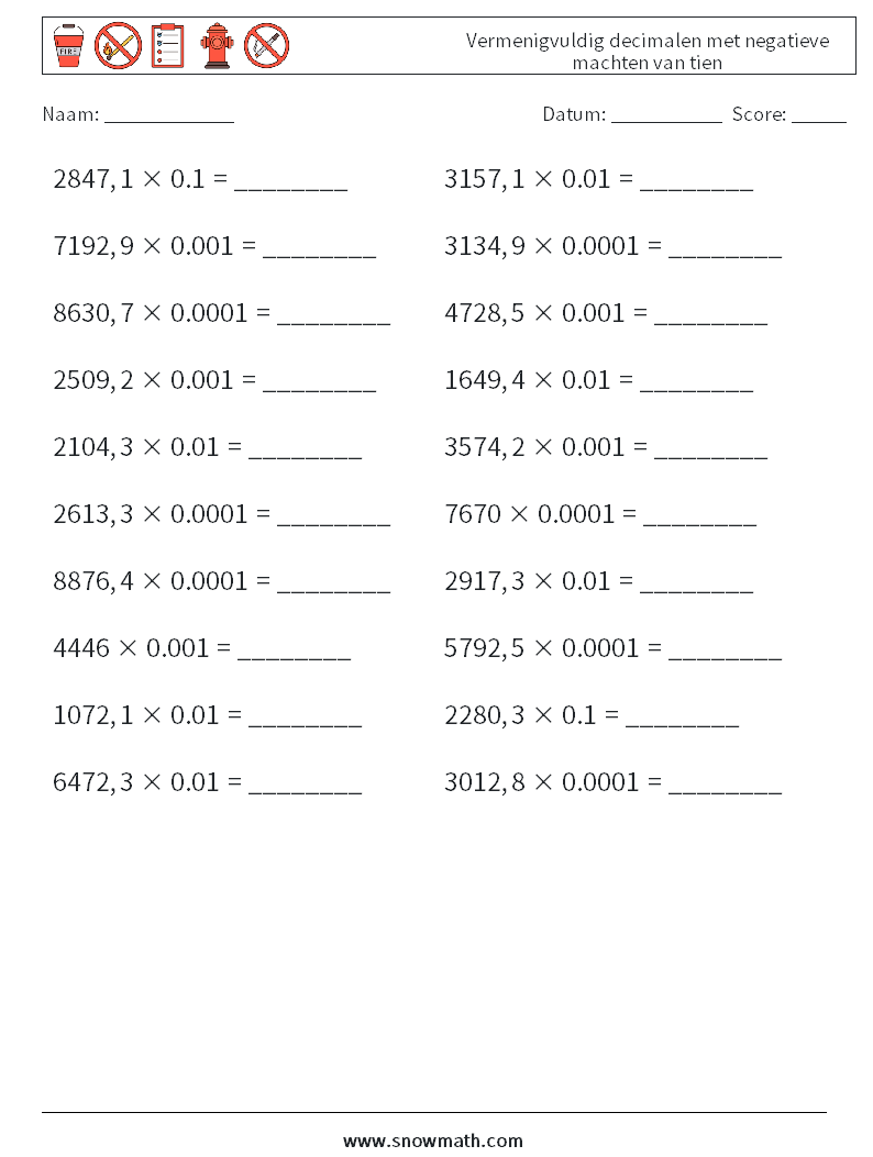 Vermenigvuldig decimalen met negatieve machten van tien Wiskundige werkbladen 2