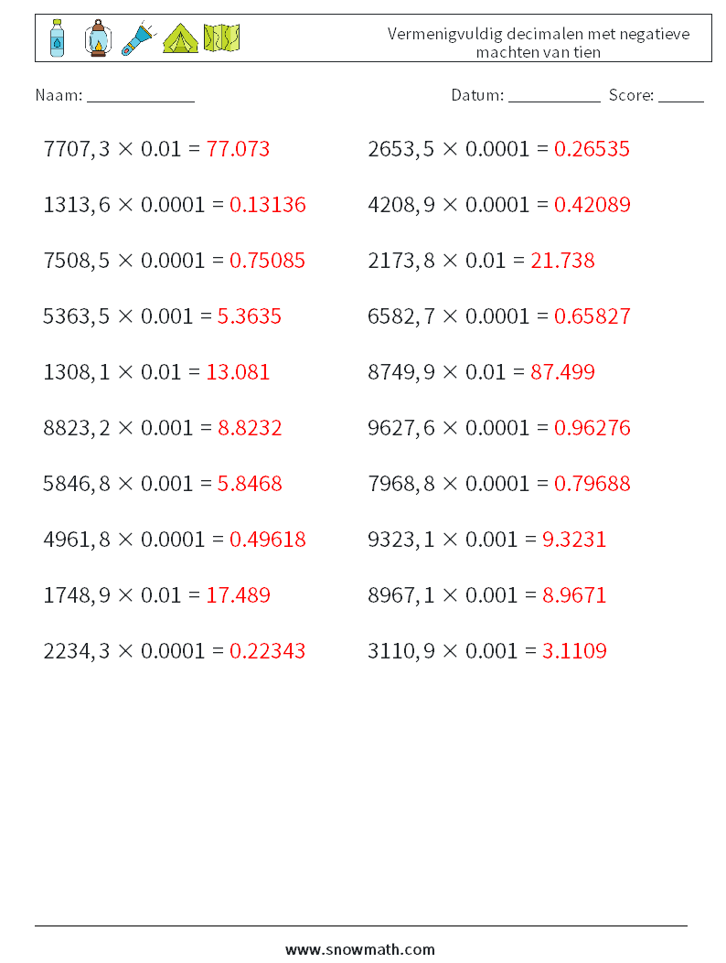 Vermenigvuldig decimalen met negatieve machten van tien Wiskundige werkbladen 3 Vraag, Antwoord