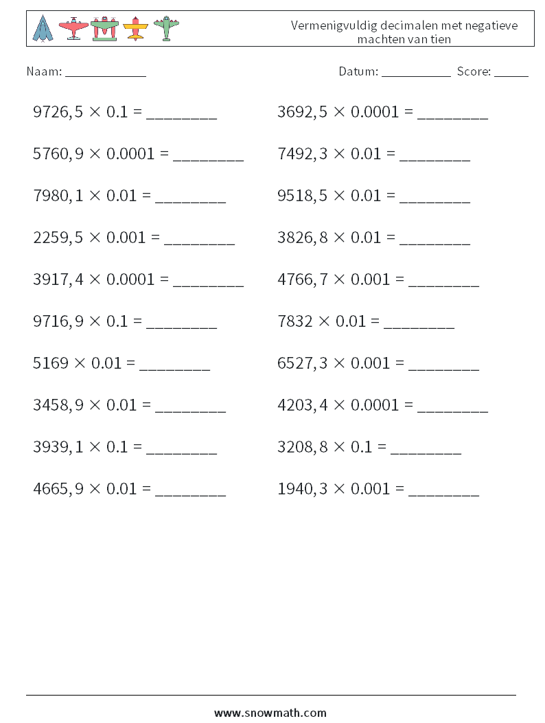 Vermenigvuldig decimalen met negatieve machten van tien Wiskundige werkbladen 4