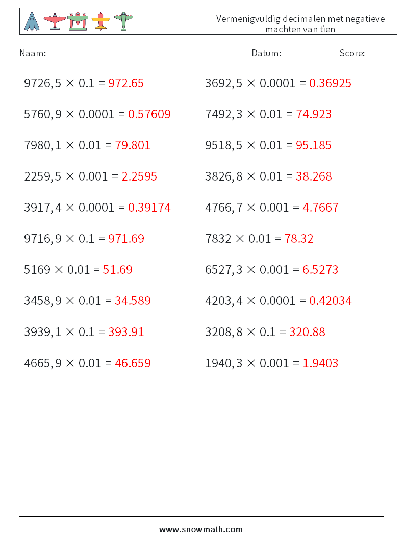 Vermenigvuldig decimalen met negatieve machten van tien Wiskundige werkbladen 4 Vraag, Antwoord