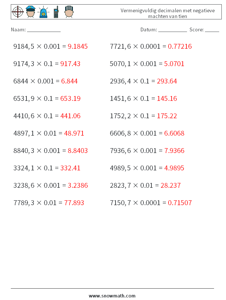 Vermenigvuldig decimalen met negatieve machten van tien Wiskundige werkbladen 5 Vraag, Antwoord