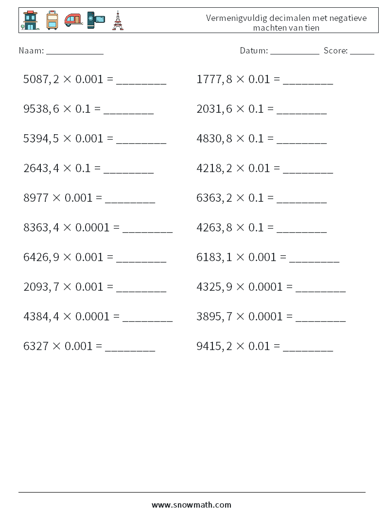Vermenigvuldig decimalen met negatieve machten van tien Wiskundige werkbladen 8