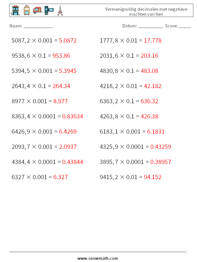 Vermenigvuldig decimalen met negatieve machten van tien Wiskundige werkbladen 8 Vraag, Antwoord