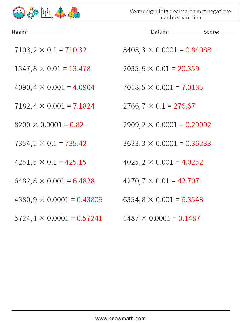 Vermenigvuldig decimalen met negatieve machten van tien Wiskundige werkbladen 9 Vraag, Antwoord