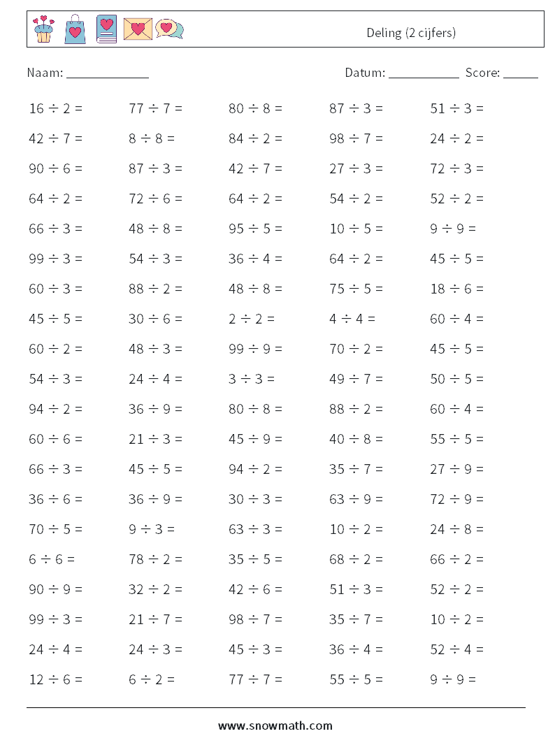 (100) Deling (2 cijfers) Wiskundige werkbladen 1