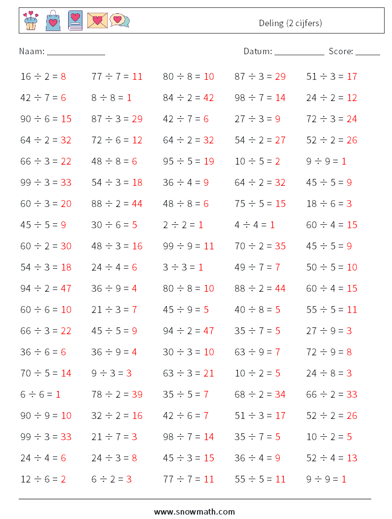 (100) Deling (2 cijfers) Wiskundige werkbladen 1 Vraag, Antwoord