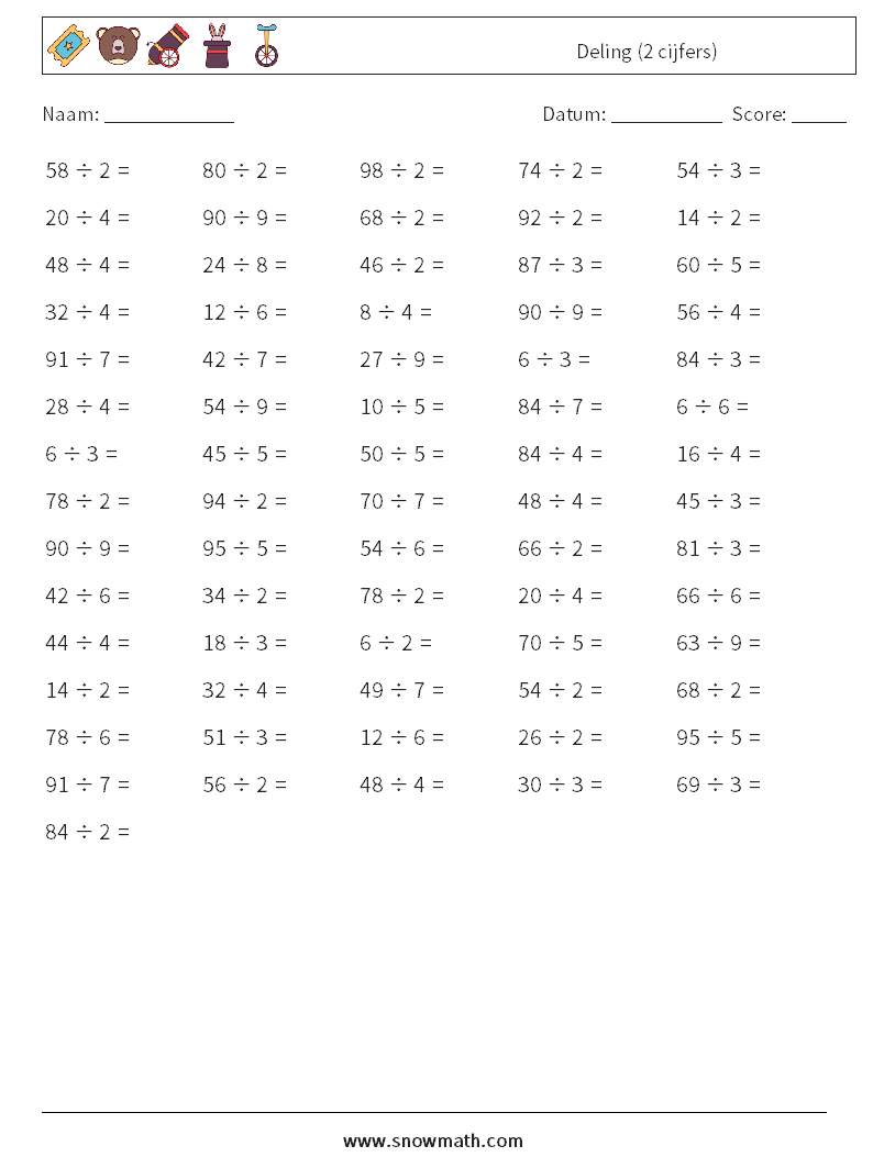 (100) Deling (2 cijfers) Wiskundige werkbladen 2