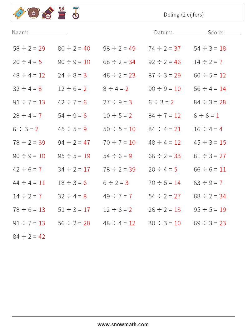 (100) Deling (2 cijfers) Wiskundige werkbladen 2 Vraag, Antwoord