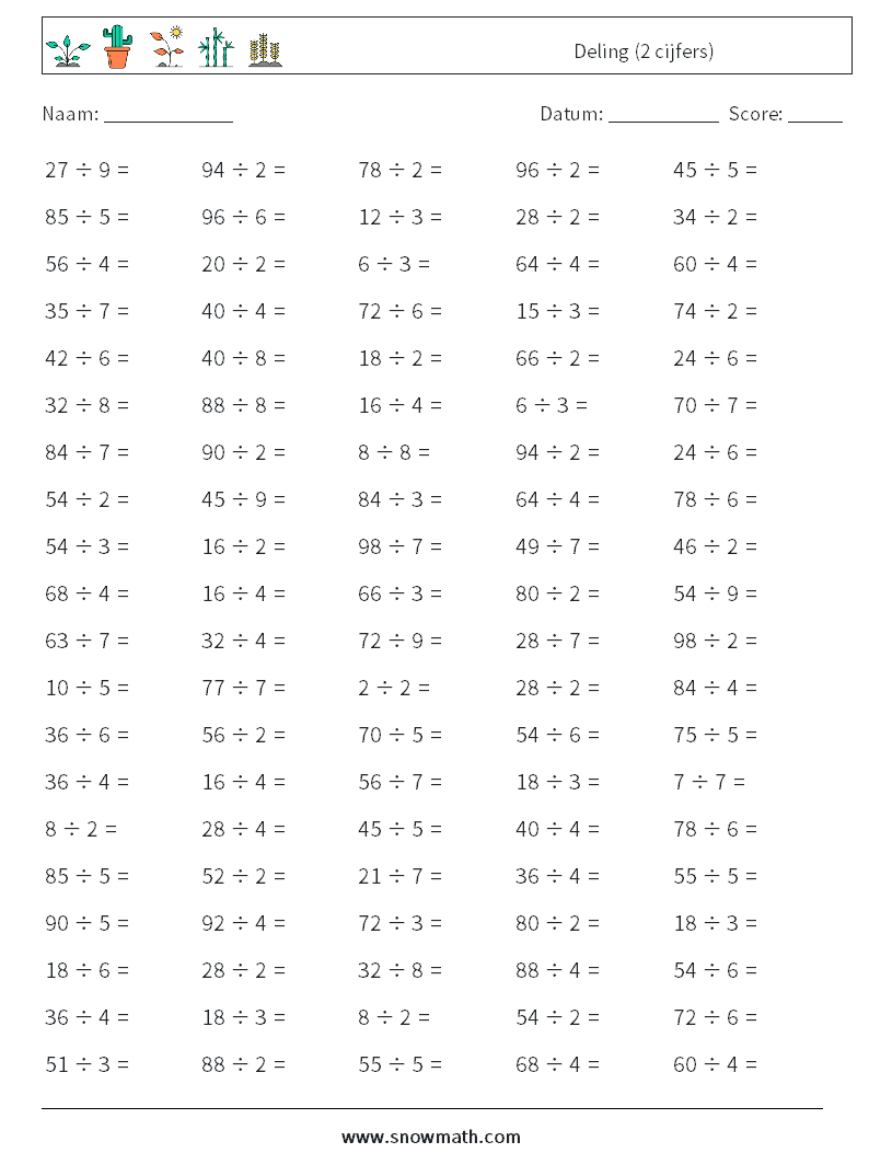 (100) Deling (2 cijfers) Wiskundige werkbladen 3