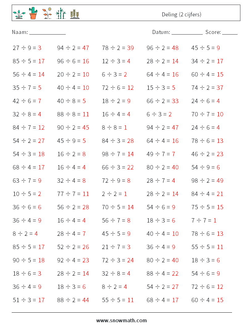 (100) Deling (2 cijfers) Wiskundige werkbladen 3 Vraag, Antwoord