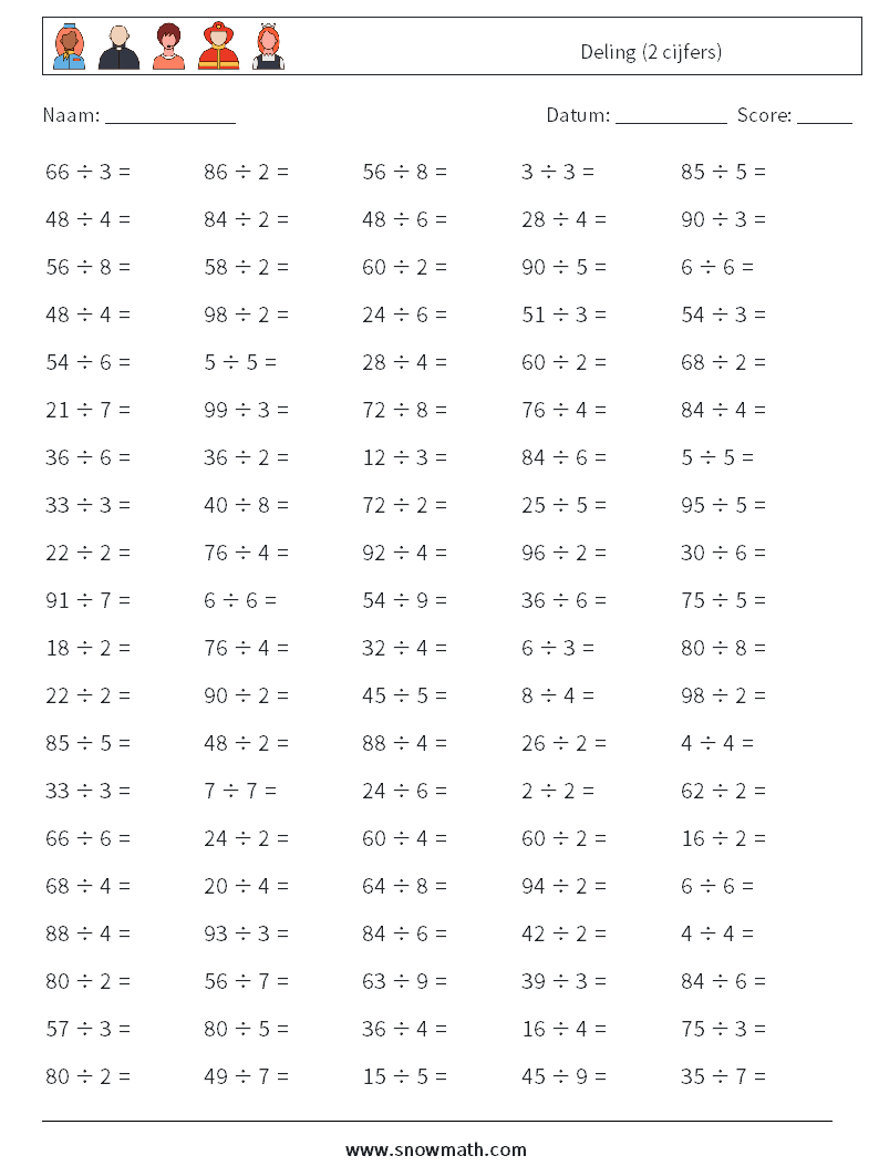(100) Deling (2 cijfers) Wiskundige werkbladen 4