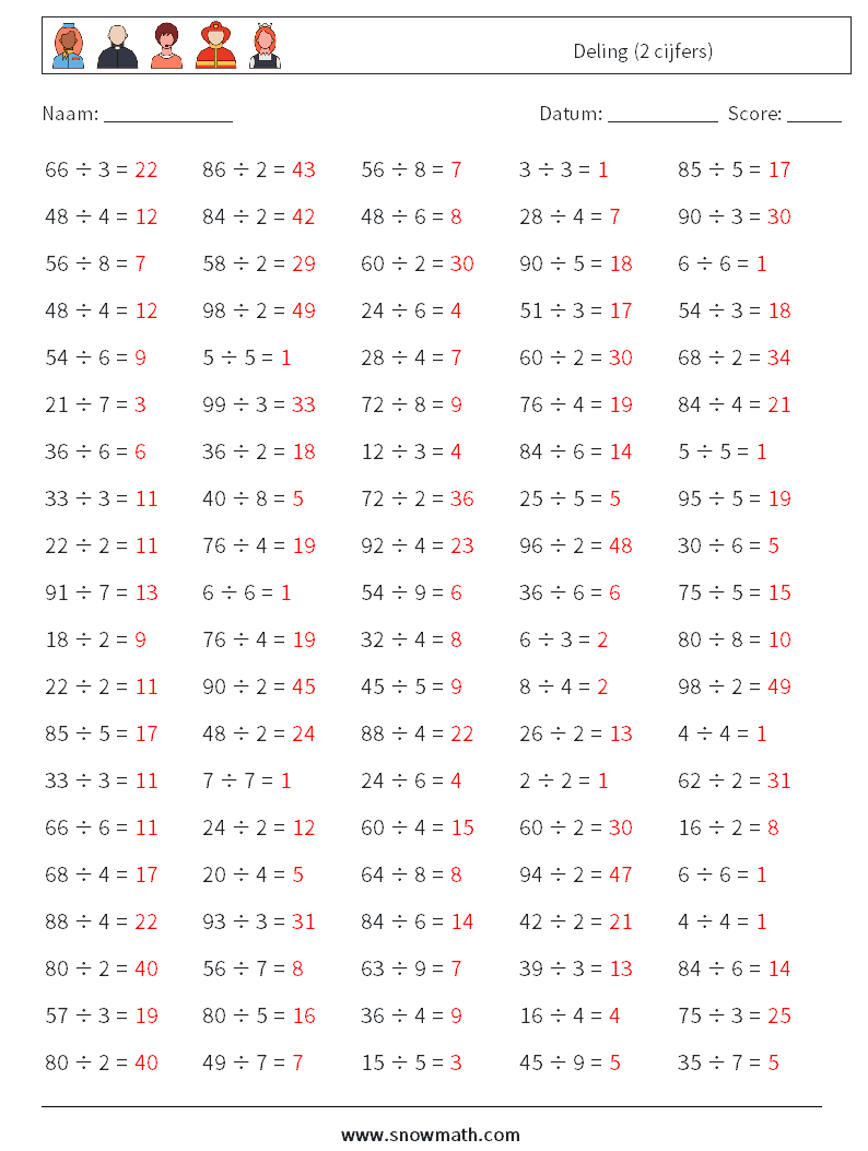 (100) Deling (2 cijfers) Wiskundige werkbladen 4 Vraag, Antwoord