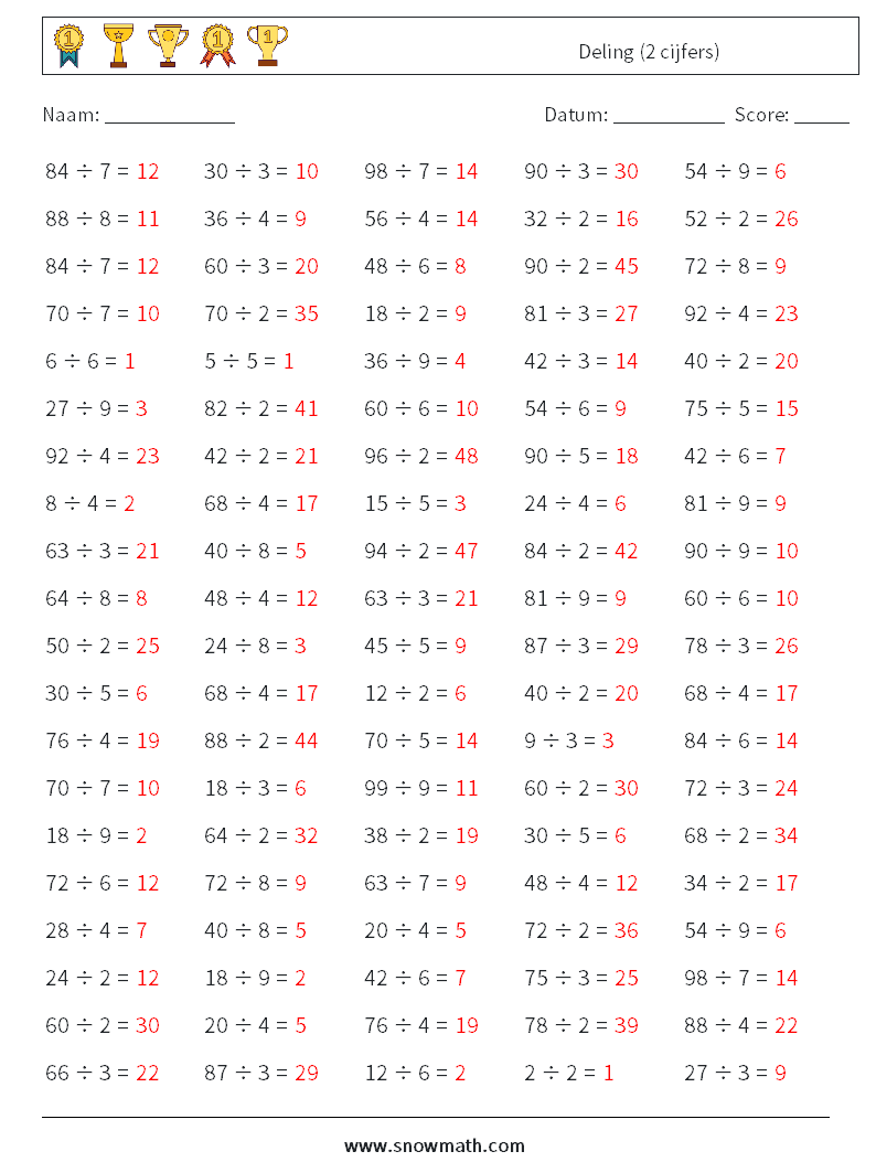 (100) Deling (2 cijfers) Wiskundige werkbladen 5 Vraag, Antwoord