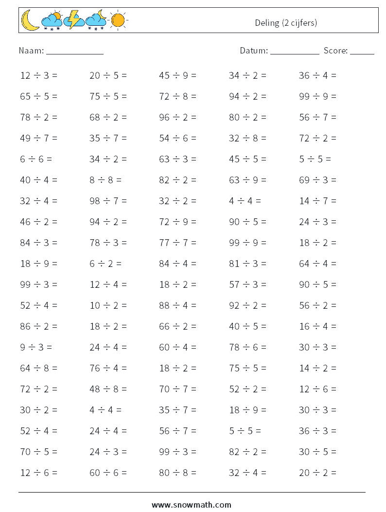 (100) Deling (2 cijfers) Wiskundige werkbladen 6