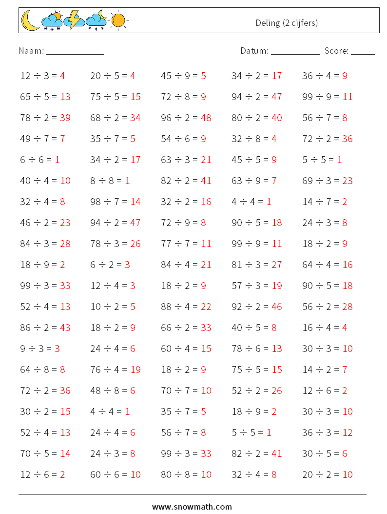 (100) Deling (2 cijfers) Wiskundige werkbladen 6 Vraag, Antwoord