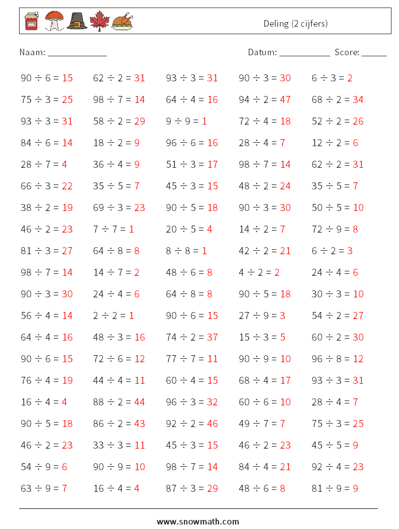 (100) Deling (2 cijfers) Wiskundige werkbladen 7 Vraag, Antwoord