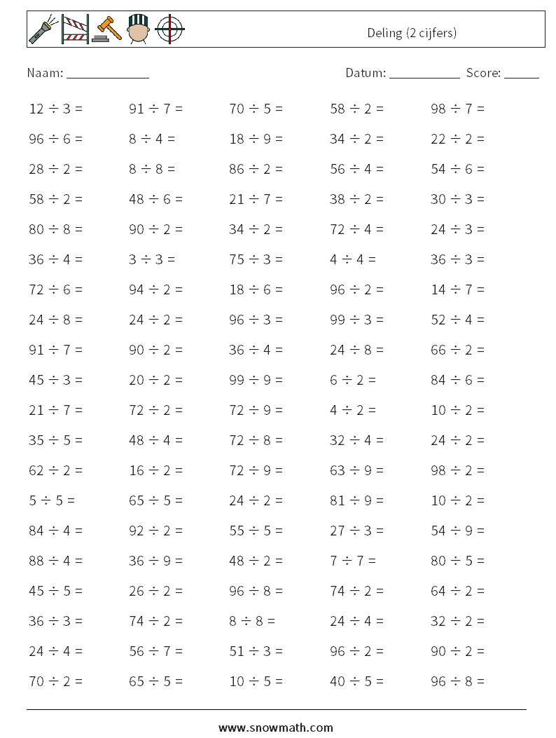 (100) Deling (2 cijfers) Wiskundige werkbladen 8