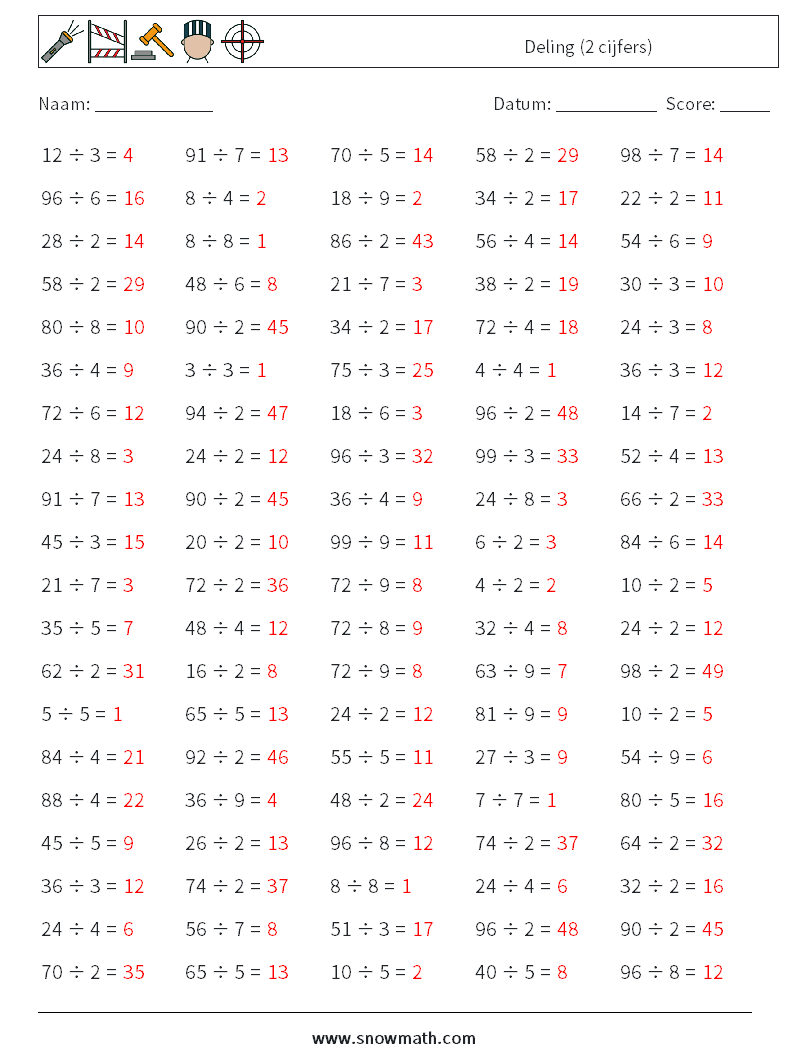 (100) Deling (2 cijfers) Wiskundige werkbladen 8 Vraag, Antwoord