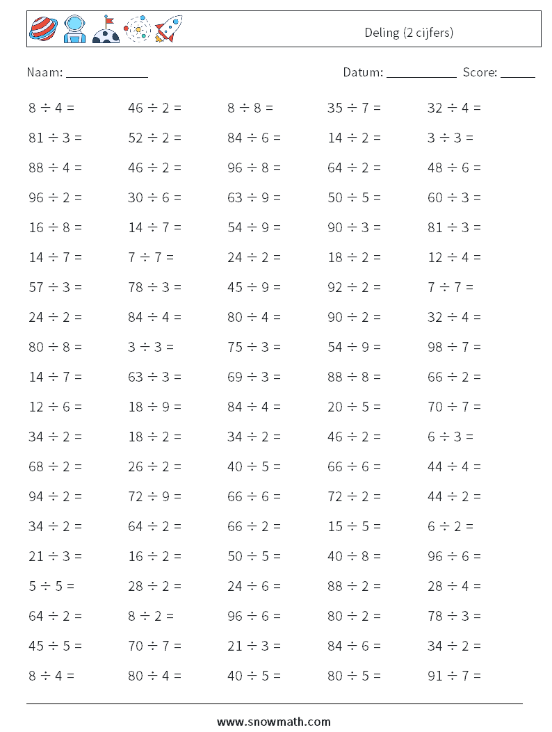 (100) Deling (2 cijfers) Wiskundige werkbladen 9