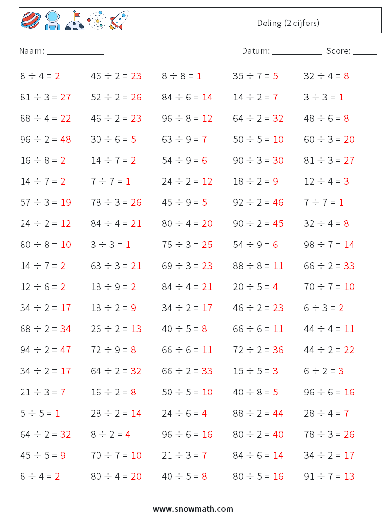 (100) Deling (2 cijfers) Wiskundige werkbladen 9 Vraag, Antwoord