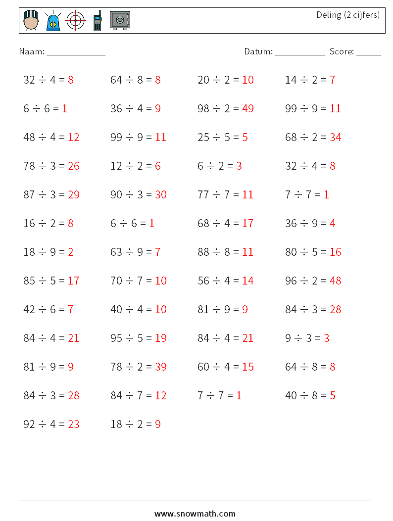 (50) Deling (2 cijfers) Wiskundige werkbladen 1 Vraag, Antwoord