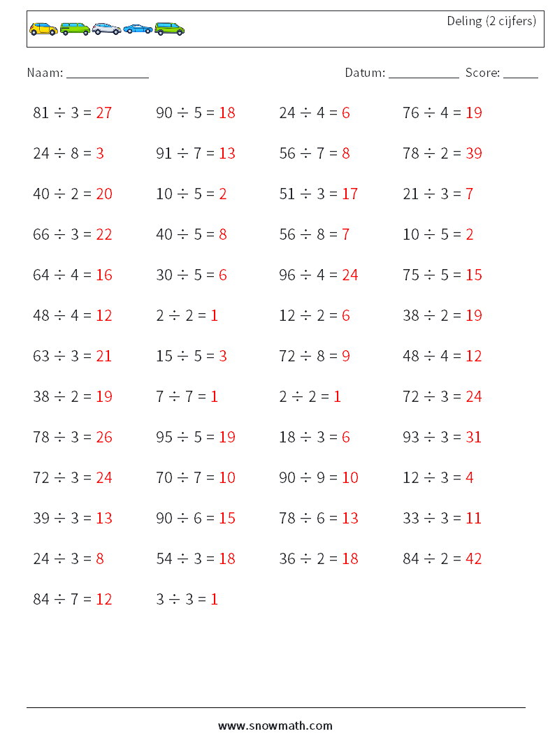 (50) Deling (2 cijfers) Wiskundige werkbladen 2 Vraag, Antwoord