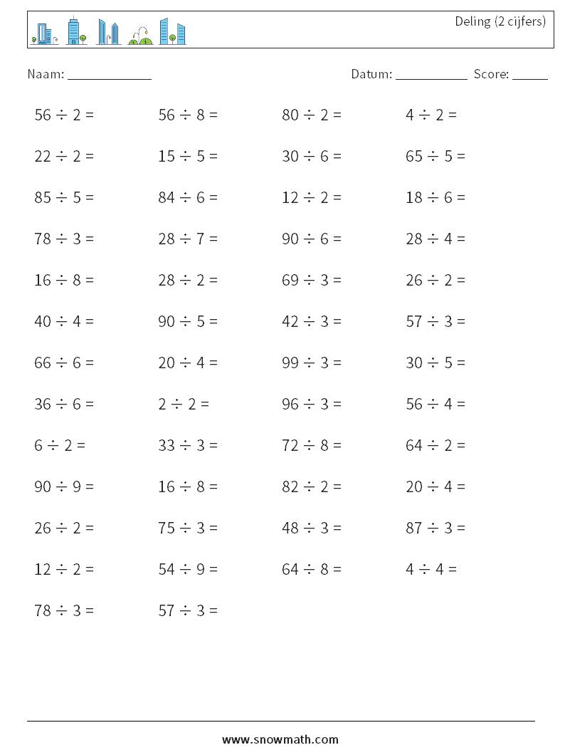 (50) Deling (2 cijfers) Wiskundige werkbladen 3