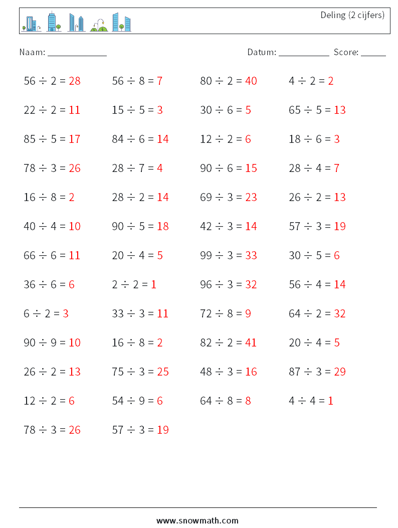 (50) Deling (2 cijfers) Wiskundige werkbladen 3 Vraag, Antwoord