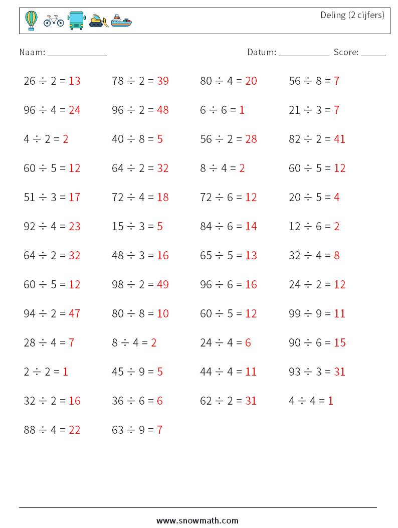 (50) Deling (2 cijfers) Wiskundige werkbladen 4 Vraag, Antwoord