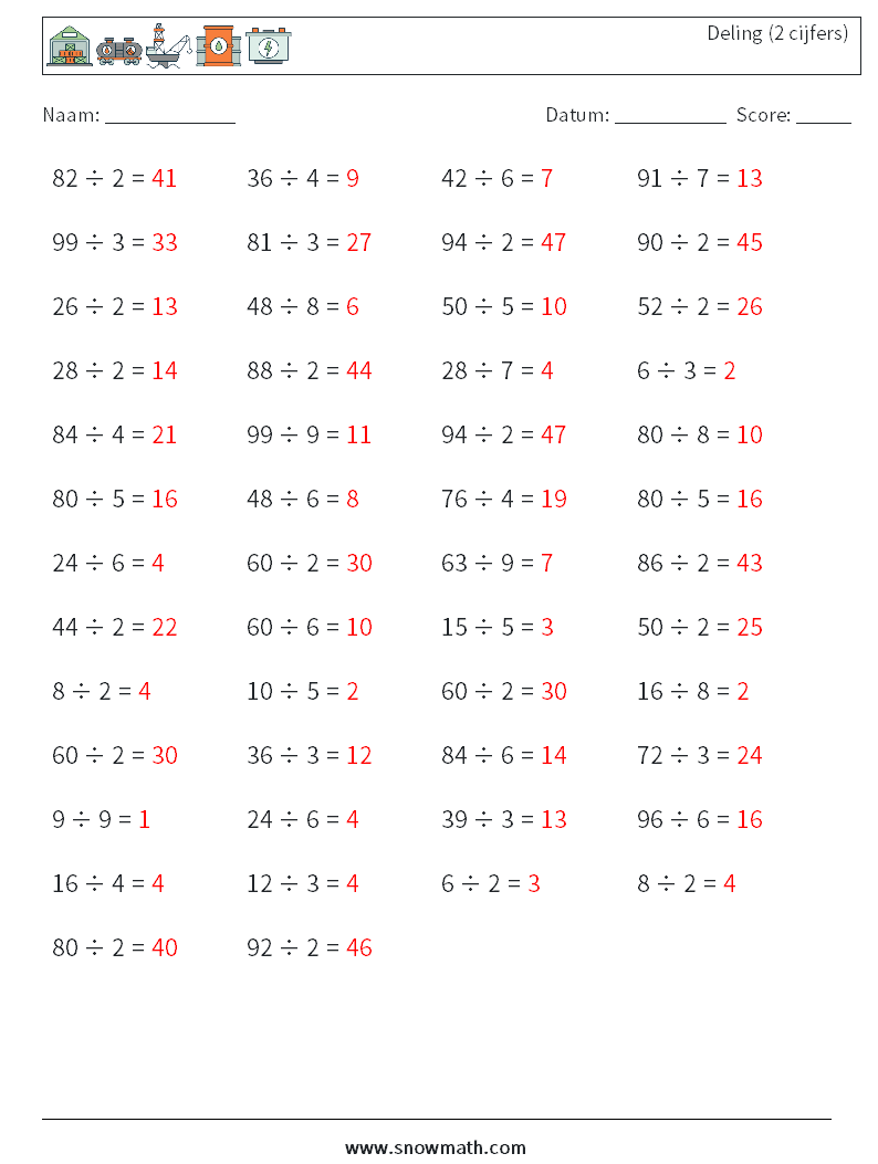 (50) Deling (2 cijfers) Wiskundige werkbladen 5 Vraag, Antwoord