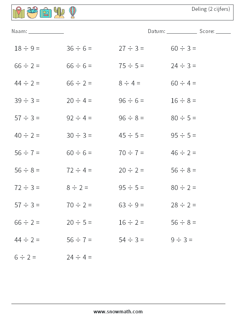 (50) Deling (2 cijfers) Wiskundige werkbladen 6