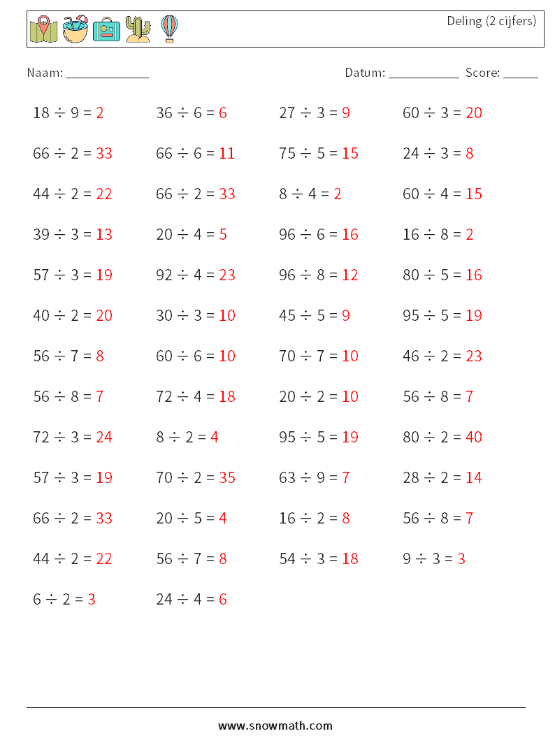 (50) Deling (2 cijfers) Wiskundige werkbladen 6 Vraag, Antwoord