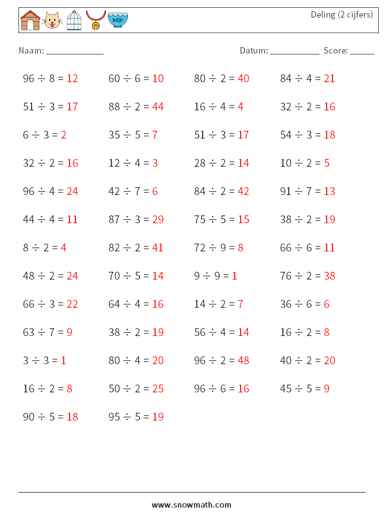 (50) Deling (2 cijfers) Wiskundige werkbladen 7 Vraag, Antwoord