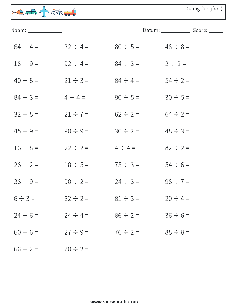(50) Deling (2 cijfers) Wiskundige werkbladen 8