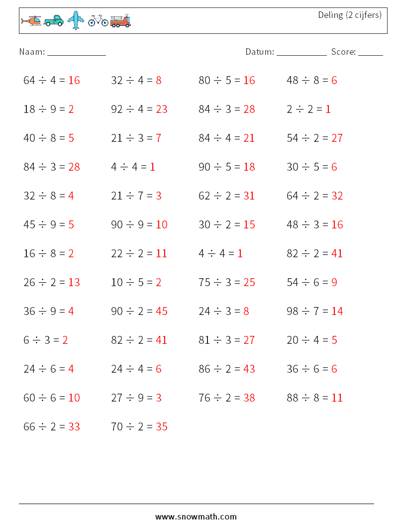 (50) Deling (2 cijfers) Wiskundige werkbladen 8 Vraag, Antwoord