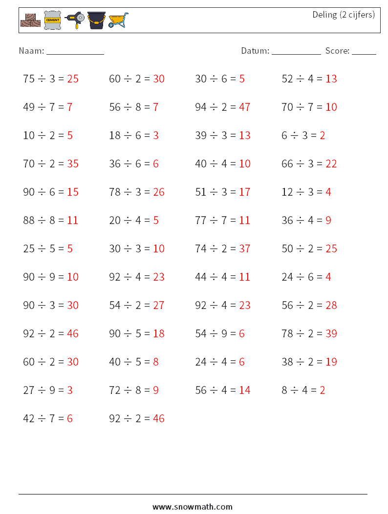 (50) Deling (2 cijfers) Wiskundige werkbladen 9 Vraag, Antwoord