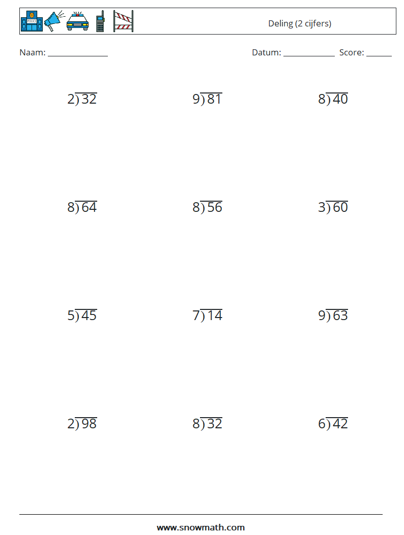 (12) Deling (2 cijfers) Wiskundige werkbladen 10