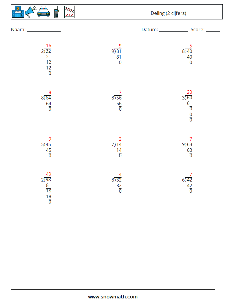 (12) Deling (2 cijfers) Wiskundige werkbladen 10 Vraag, Antwoord