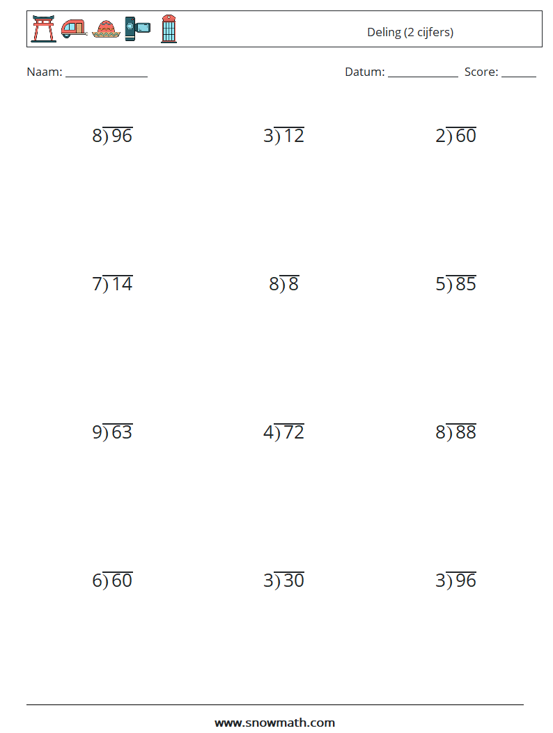 (12) Deling (2 cijfers) Wiskundige werkbladen 13