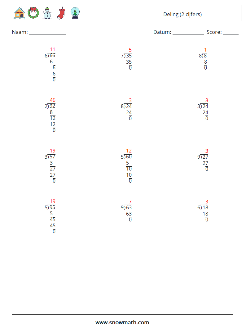 (12) Deling (2 cijfers) Wiskundige werkbladen 14 Vraag, Antwoord