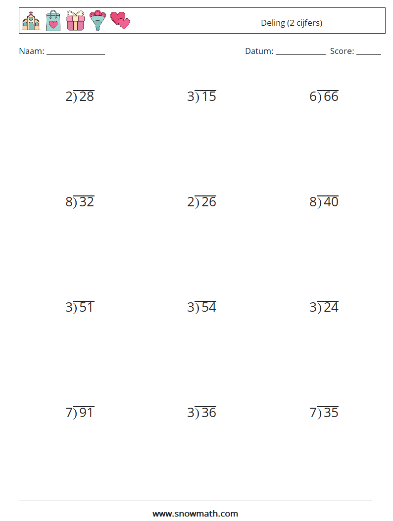 (12) Deling (2 cijfers) Wiskundige werkbladen 16