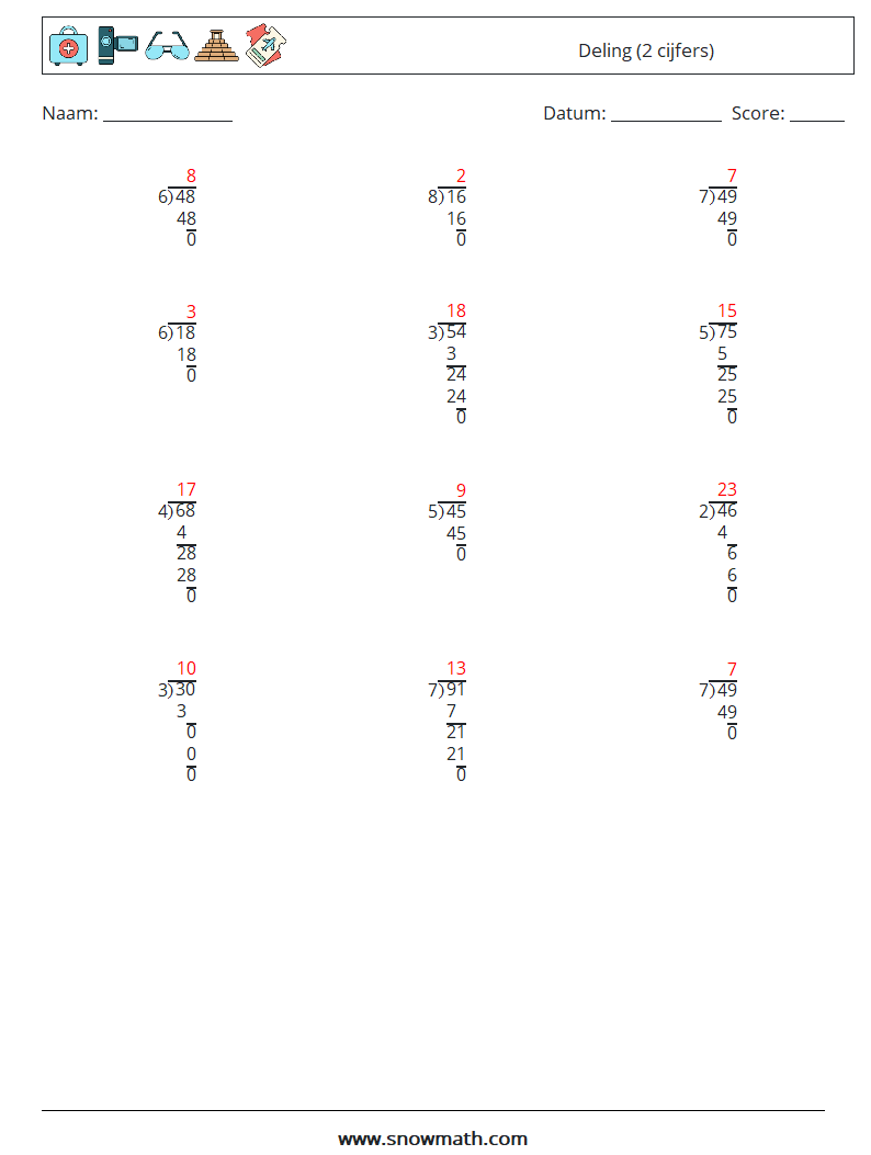 (12) Deling (2 cijfers) Wiskundige werkbladen 17 Vraag, Antwoord