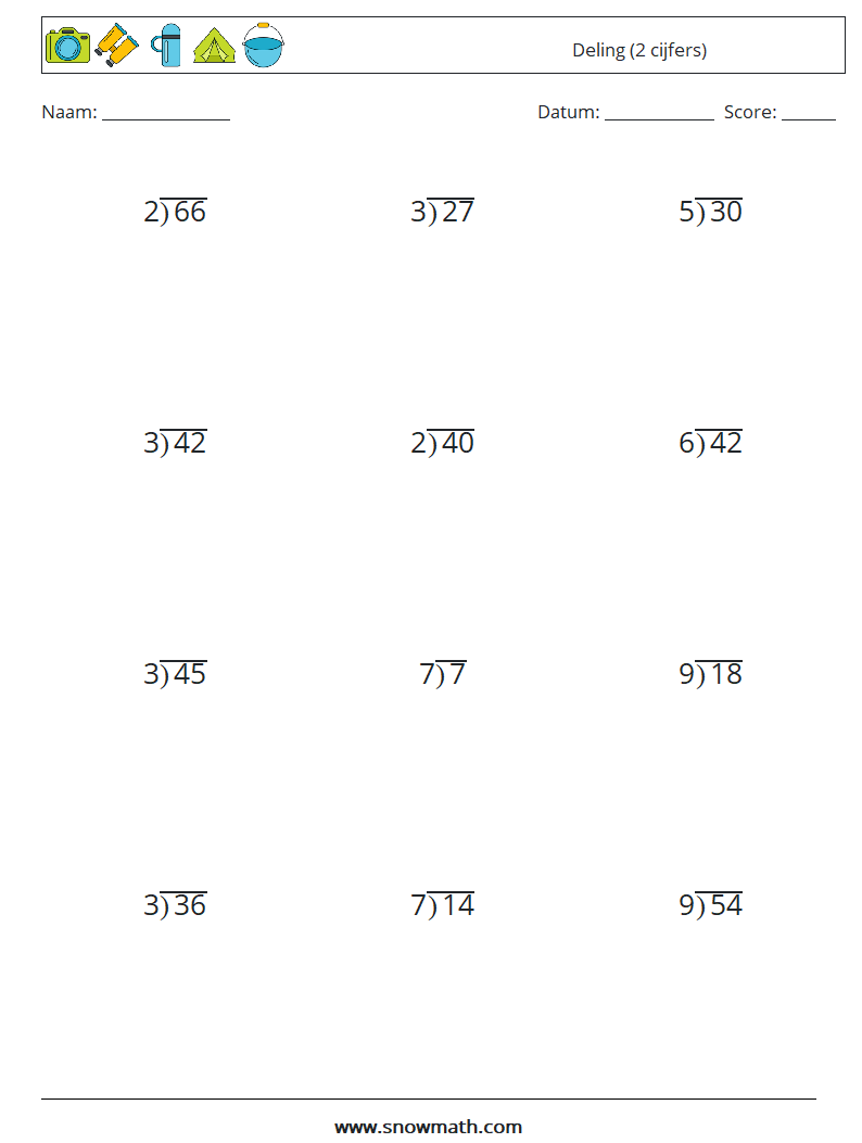 (12) Deling (2 cijfers) Wiskundige werkbladen 18