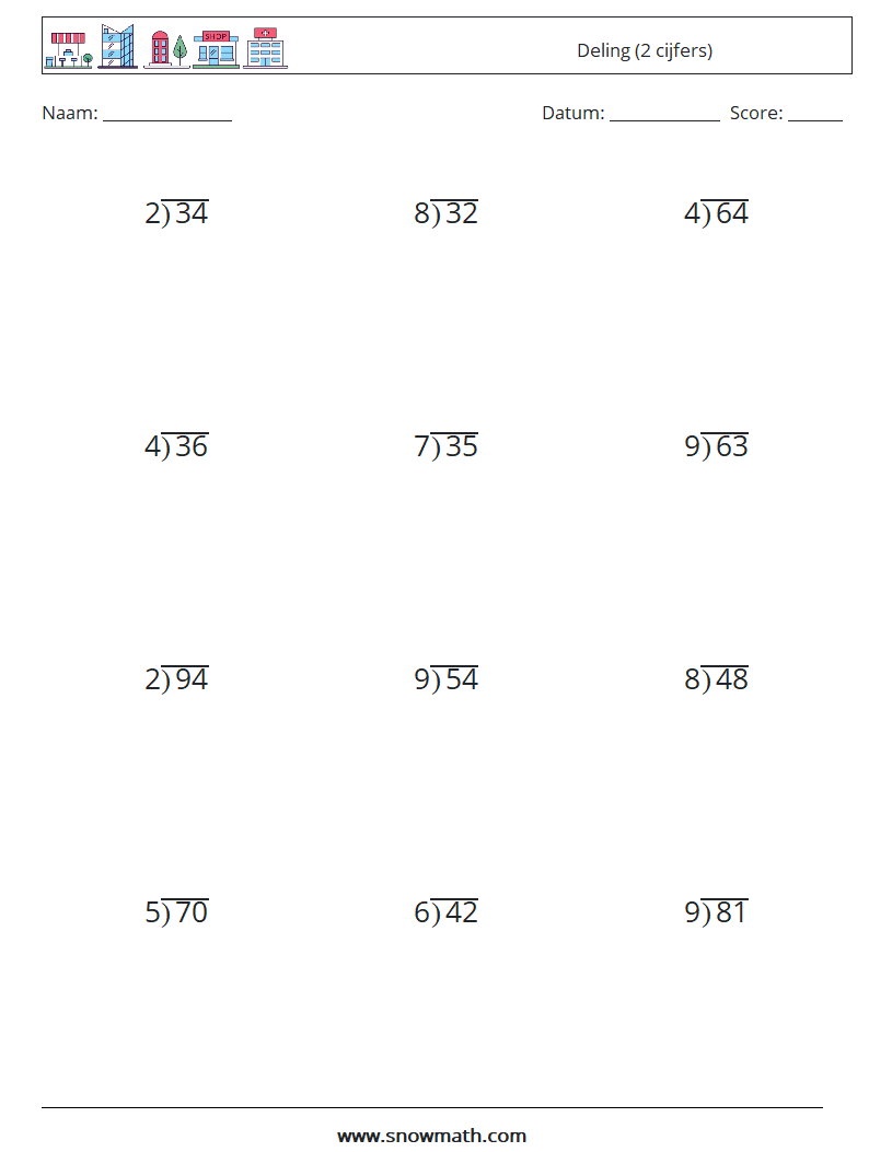 (12) Deling (2 cijfers) Wiskundige werkbladen 2