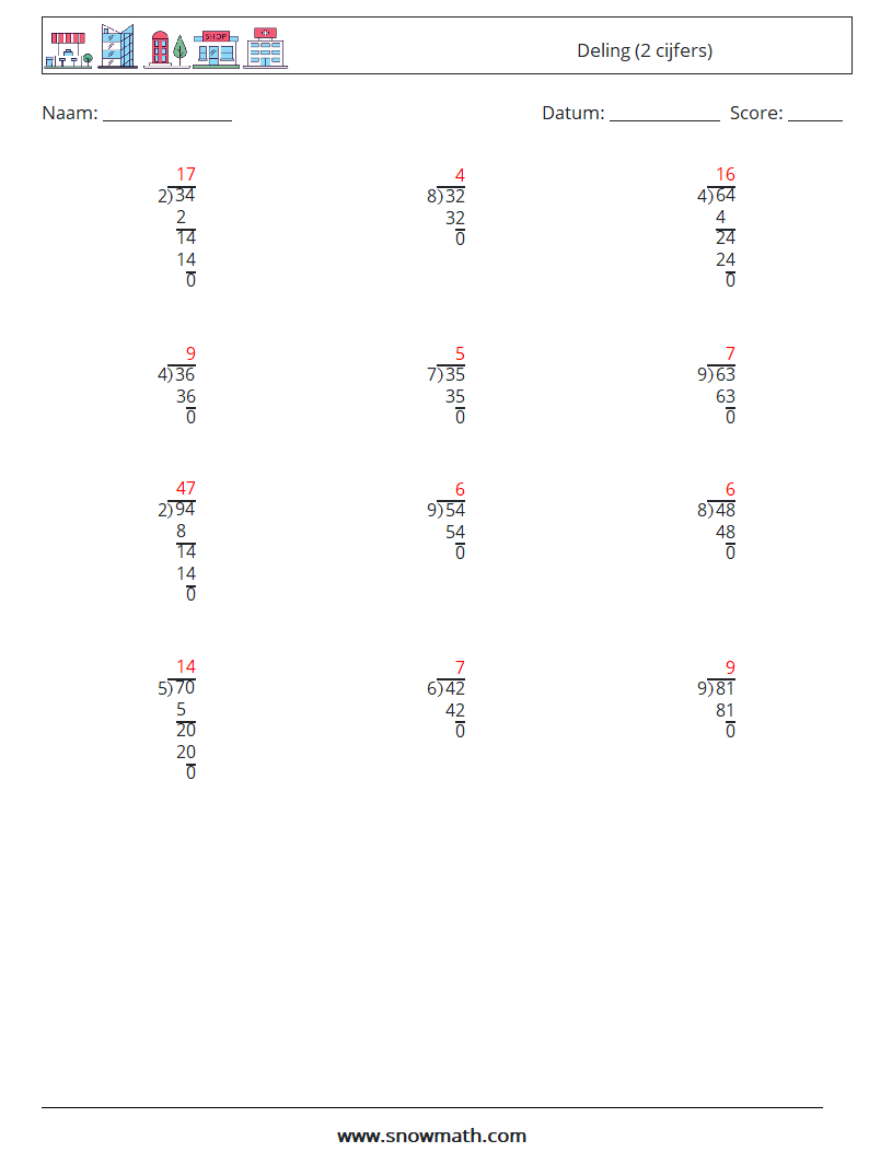 (12) Deling (2 cijfers) Wiskundige werkbladen 2 Vraag, Antwoord