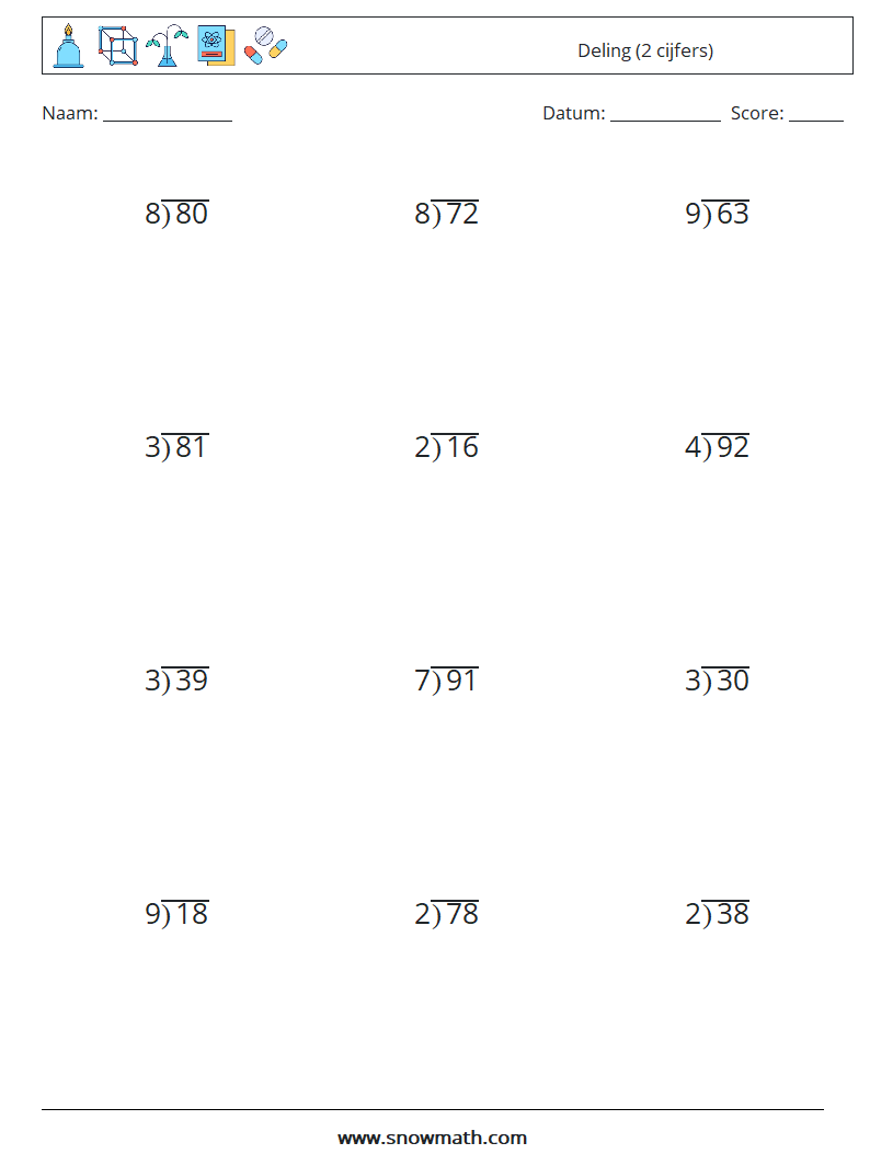 (12) Deling (2 cijfers) Wiskundige werkbladen 3
