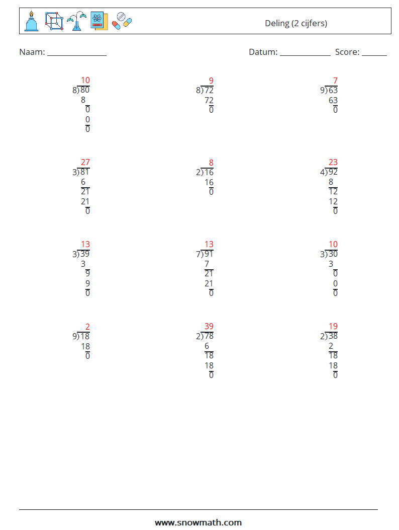 (12) Deling (2 cijfers) Wiskundige werkbladen 3 Vraag, Antwoord